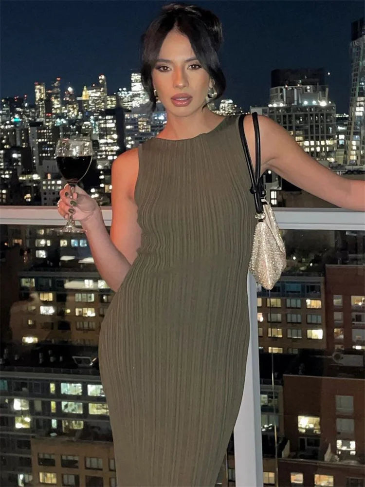 Knit Ribbed Long Dress for Sleeveless High Waist Party Dress Clothes ’s Maxi Dress