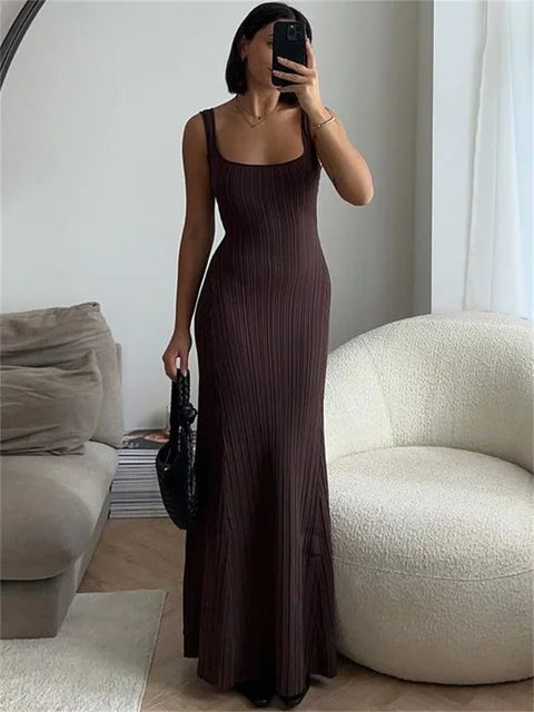 Knit Ribbed Slim Maxi Dress Female Backless Scoop Neck Party Looks Long Dress Patchwork Knitwear Dress