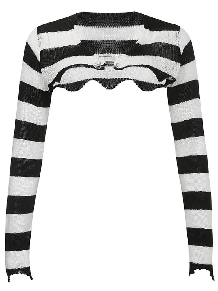 Knit Shrugs Tops for Black and White Striped Mini Cardigan Knitwear Long Sleeve Drop Shoulder Shrug Top Y2k E-
