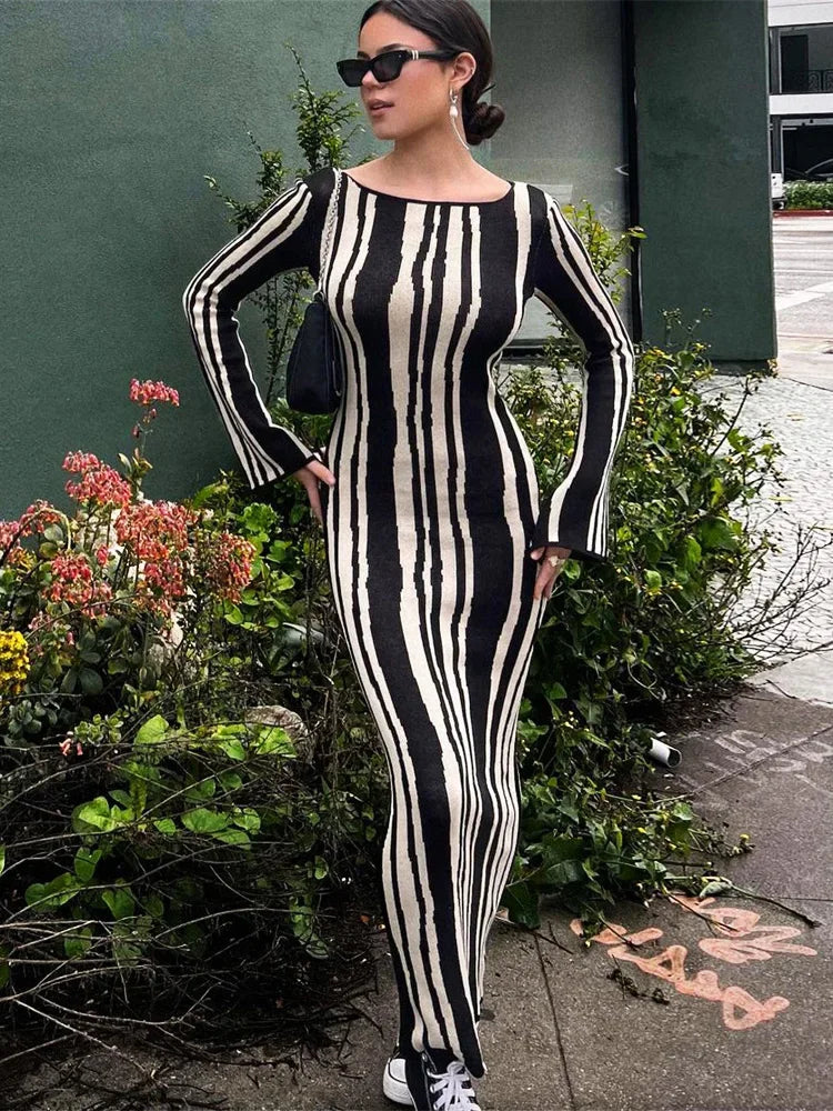 Knit Striped Wrap Dress for Contrast High Street Slim Long Dress Pullover Knitwear High Waist Dress