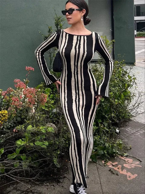 Knit Striped Wrap Dress for Contrast High Street Slim Long Dress Pullover Knitwear High Waist Dress
