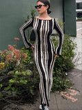 Knit Striped Wrap Dress for Contrast High Street Slim Long Dress Pullover Knitwear High Waist Dress