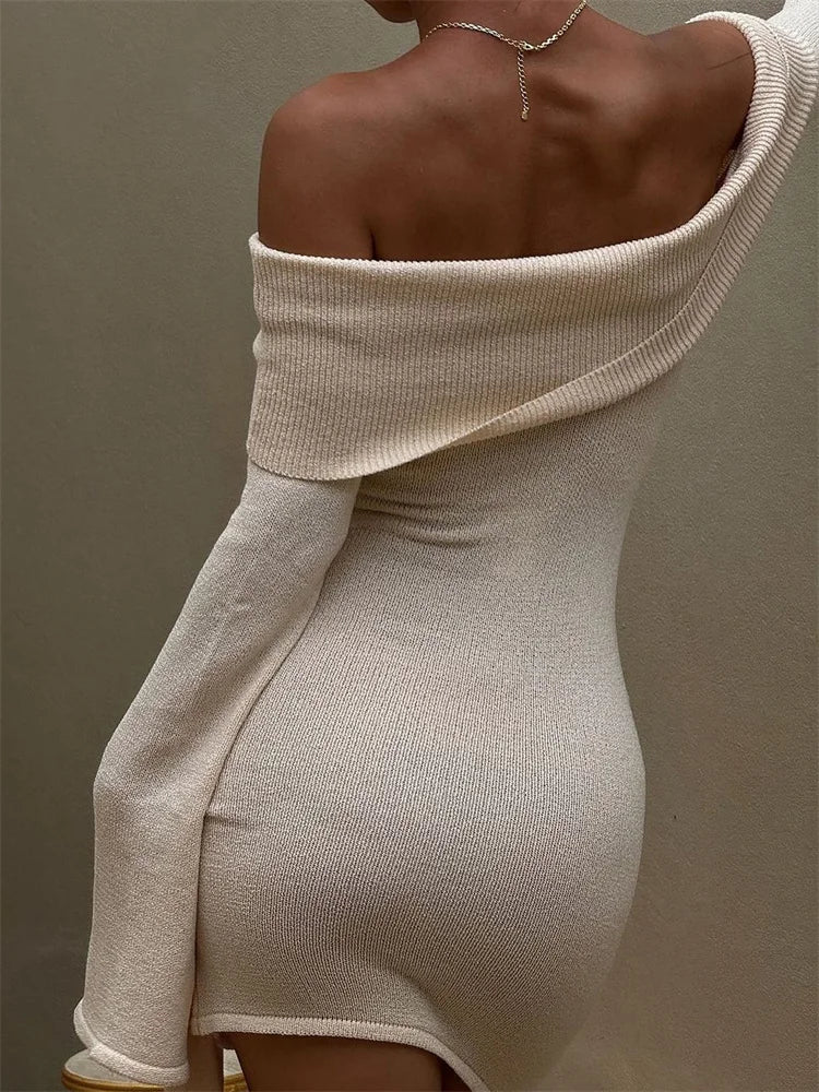 Knit Sweater Lace-up Mini Dress Female Off-shoulder Slim Patchwork Loose Twist Ribbed Knitwear Dress ’s Party Dress