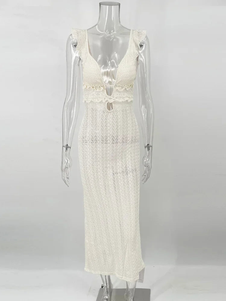 Knit V-neck Maxi Dress ’s Slim High Waist See-through Patchwork Bandage Backless Dress Female Knitwear Dress