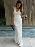 Knitted V-neck Long Dress Sleeveless Slim Stitching Folds Beach Vacation Female White Dress Knitwear Outfits