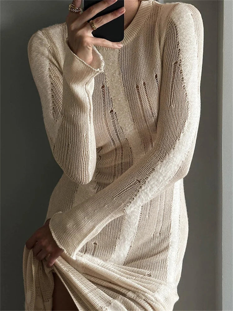Knitwear Hollow Out Maxi Dress for See-through High Waist Loose Knit Autumn Dress Party Dress