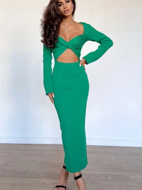 Knitwear Ribbed Hollow Out Long Dress – ’s Twist Long Sleeve Patchwork Maxi Dress