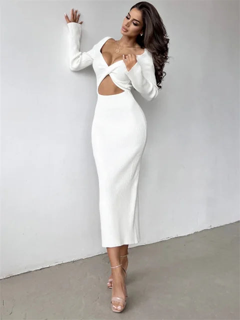 Knitwear Ribbed Hollow Out Long Dress – ’s Twist Long Sleeve Patchwork Maxi Dress