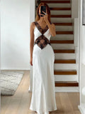 Lace Backless Hollow Out Maxi Dress for Patchwork Printed High Waist Party Dress Female Long Dress