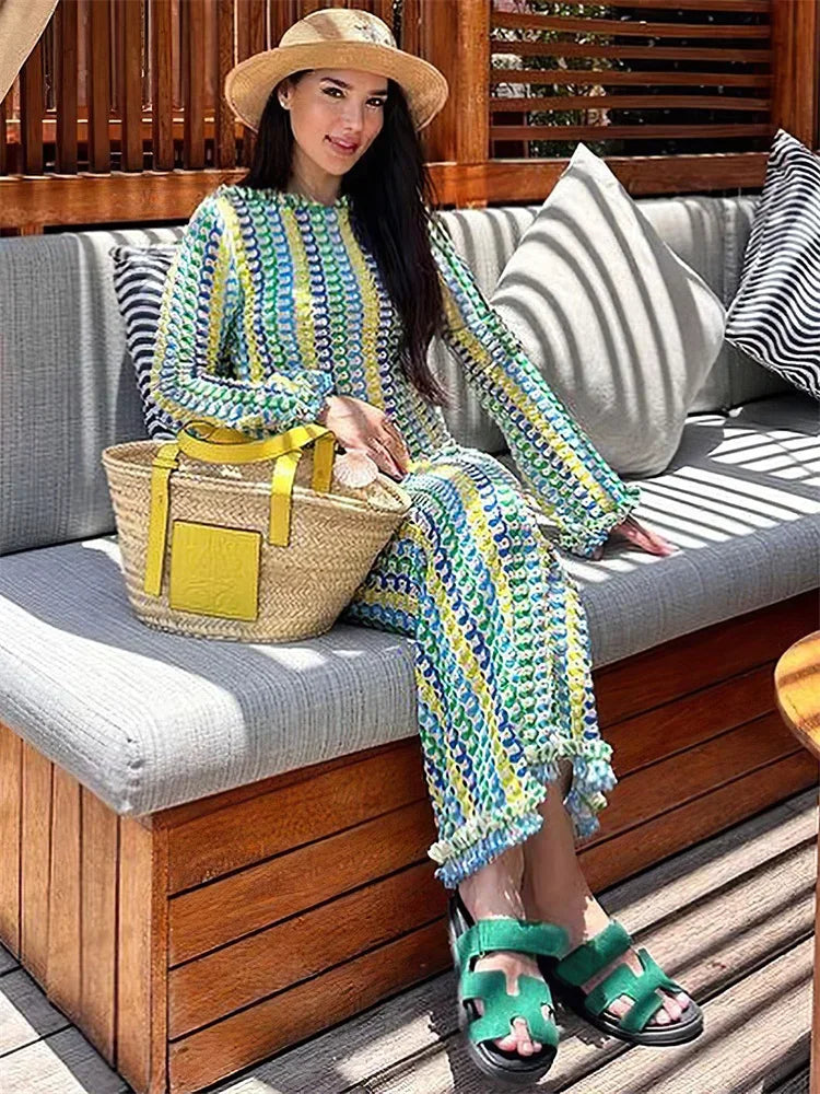 Lace Beach Holiday Long Dress Backless Female Hollow Out Patchwork Loose Contrast Party Dress Maxi Dress