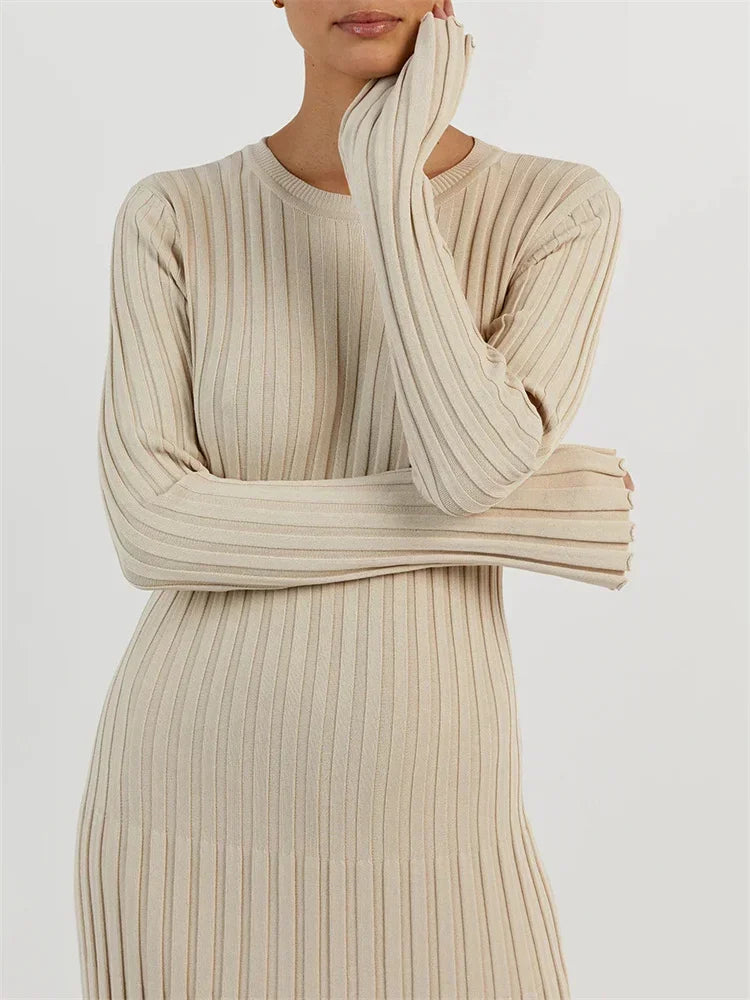 Lace-up Female Knit Maxi Dress – Autumn High Waist Patchwork Long Sleeve Bandage Knitwear Dress