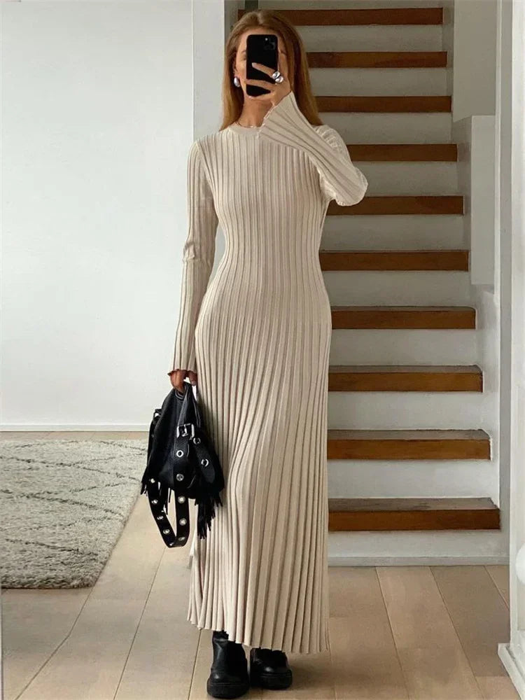 Lace-up Female Knit Maxi Dress – Autumn High Waist Patchwork Long Sleeve Bandage Knitwear Dress