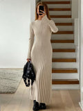 Lace-up Female Knit Maxi Dress – Autumn High Waist Patchwork Long Sleeve Bandage Knitwear Dress