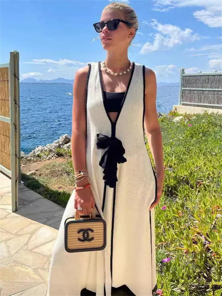Lace-up Patchwork Loose Dress ’s Sleeveless Hollow Out Contrast Bandage V-neck Maxi Dress Female Party Dress