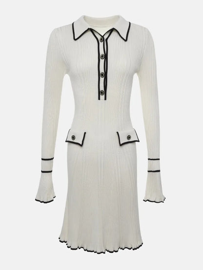 Lapel Contrast Mini Dress High Waist Autumn Ribbed Patchwork Long Sleeve Dress Ruffled Knit Dress