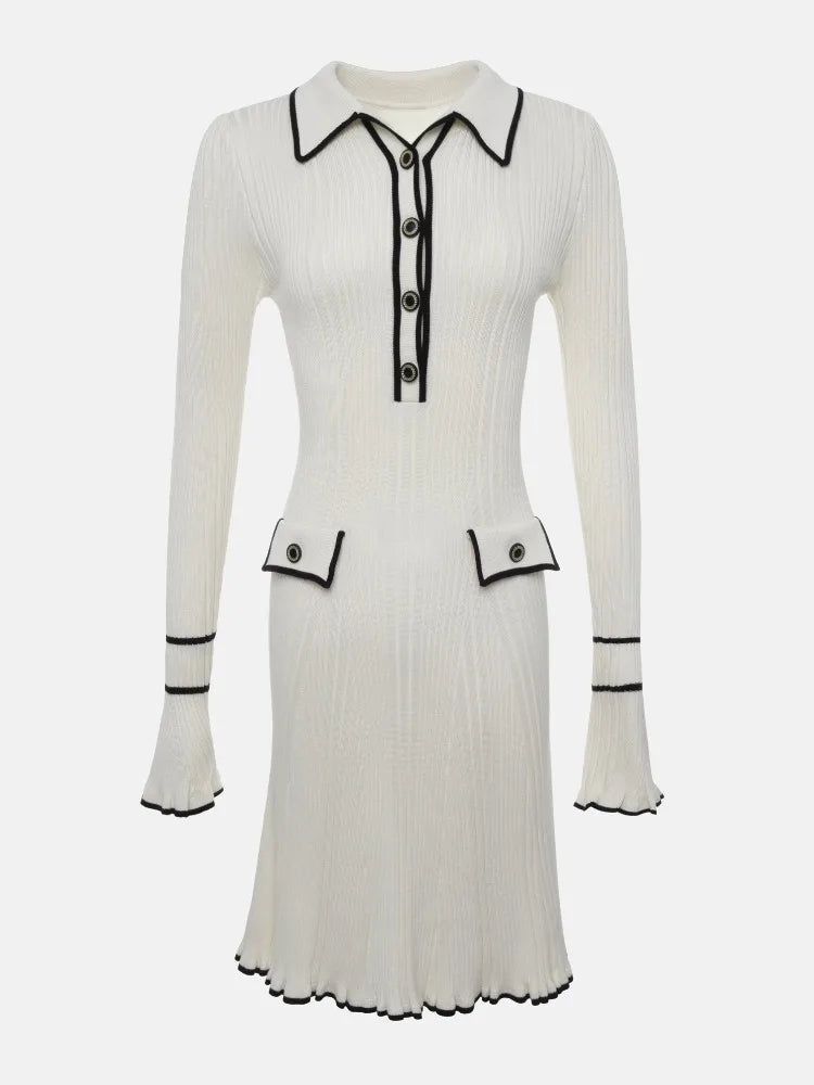 Lapel Contrast Mini Dress High Waist Autumn Ribbed Patchwork Long Sleeve Dress Ruffled Knit Dress