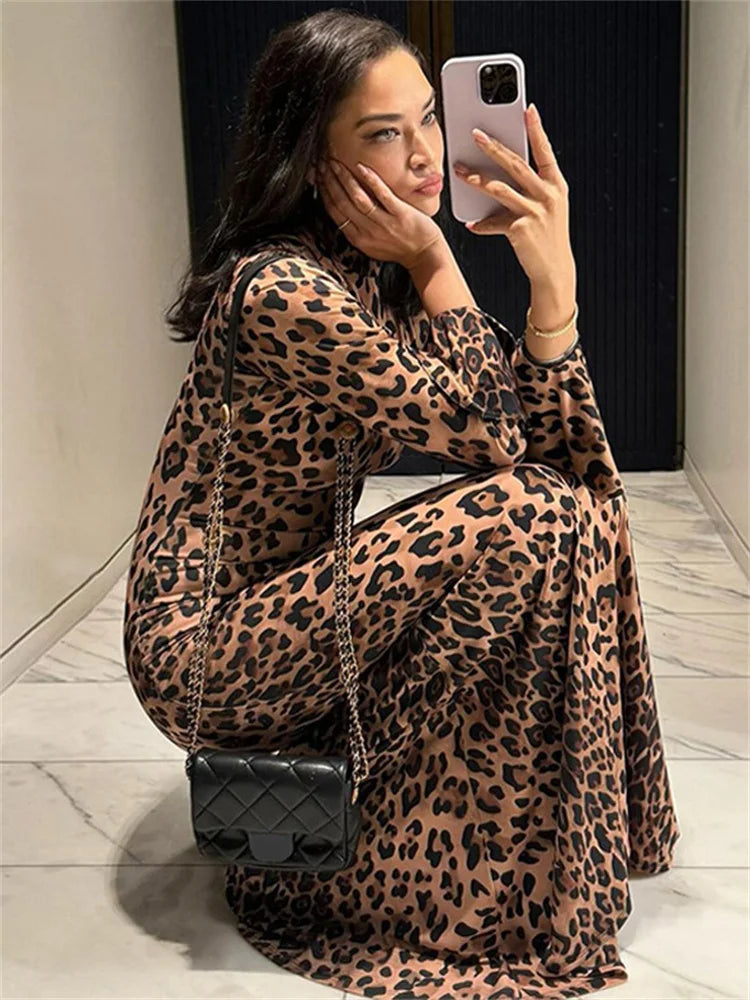 Leopard Printed Slim Long Dress Female Patchwork Contrast Long Sleeve Party Dress for Autumn Dress