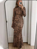Leopard Printed Slim Long Dress Female Patchwork Contrast Long Sleeve Party Dress for Autumn Dress