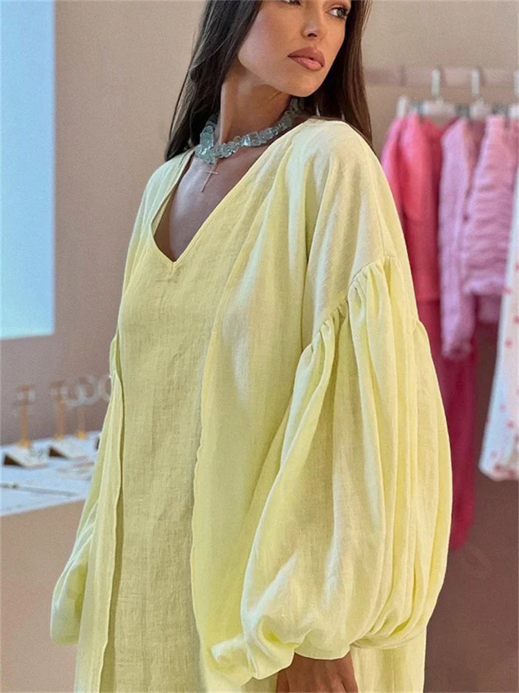 Loose 2 Piece-set Long Dress Cover Up Clothes for V-neck High Waist Beach Holiday Maxi Dress Outfits