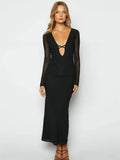 Mesh Lace-up Hollow Out Maxi Dress – V-neck Bandage Party Dress