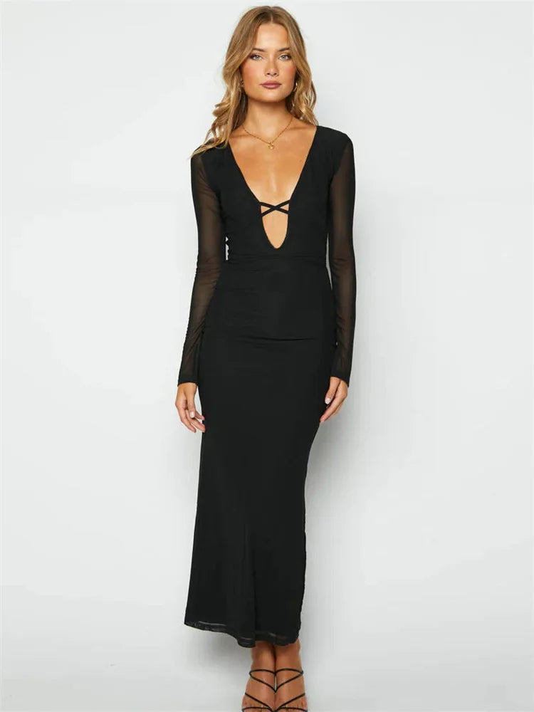 Mesh Lace-up Hollow Out Maxi Dress – V-neck Bandage Party Dress
