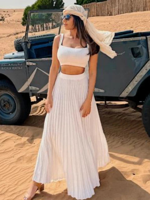 New White Knit Two Piece Sets Fall Ribbed Tank Top and Pleated Knitted Skirt Suits for Long Dress Sets Summer