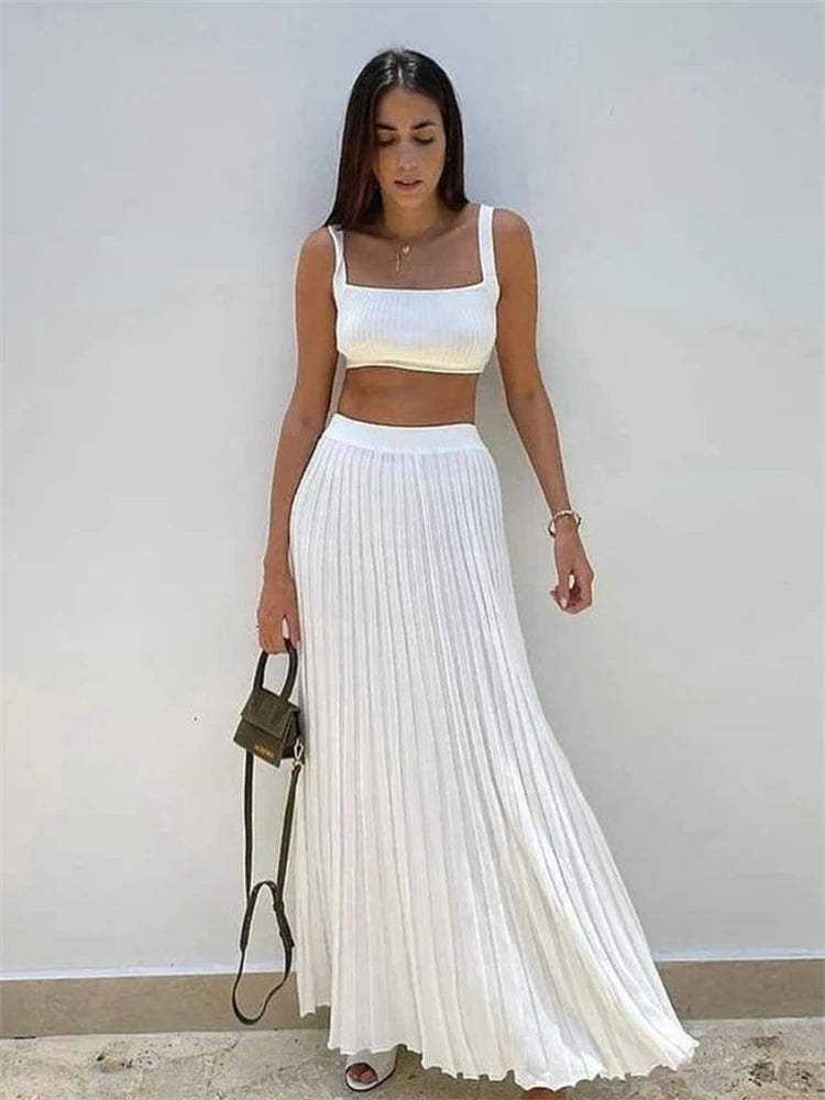 New White Knit Two Piece Sets Fall Ribbed Tank Top and Pleated Knitted Skirt Suits for Long Dress Sets Summer