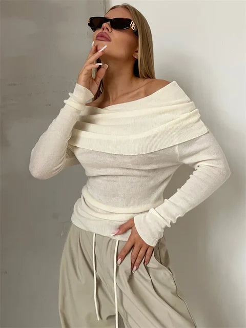 Off-shoulder Knit Pullover Sweater for Mesh See-through Long Sleeve Backless Y2k Top Knitwear Pullover