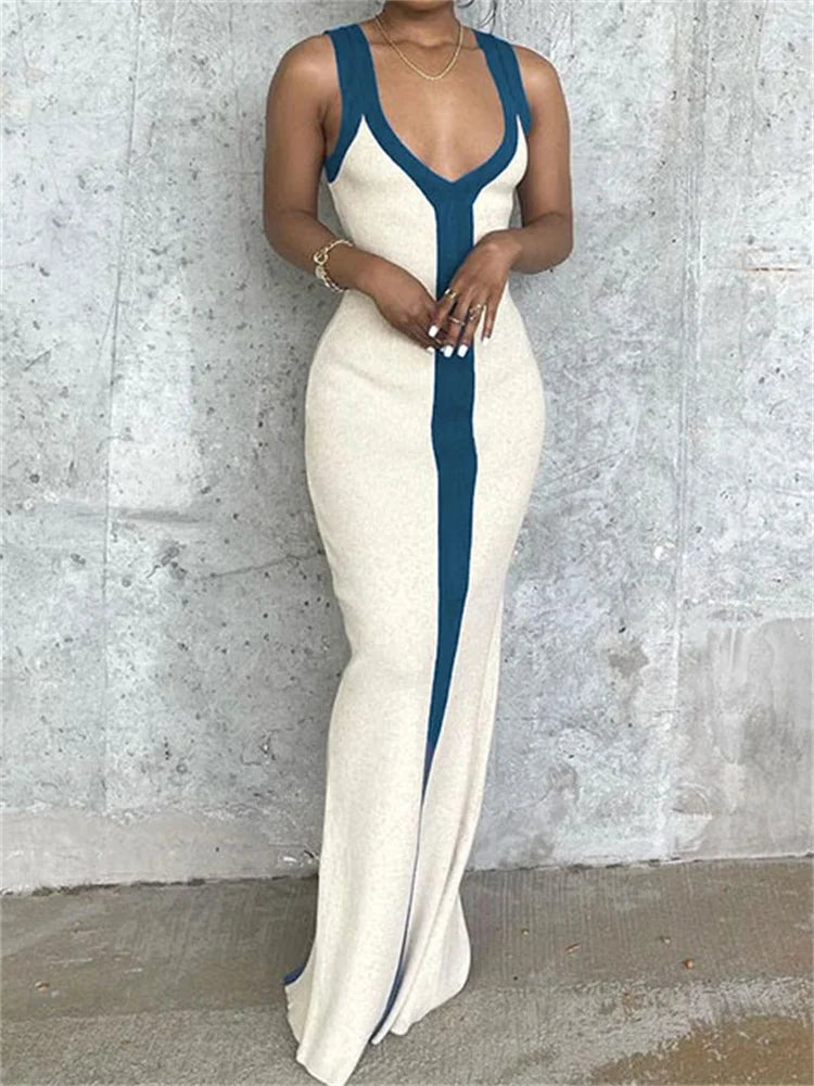 Patchwork Contrast Slim Maxi Dress Female Off-shoulder V-neck Party Dress High Waist Beach Holiday Outfits Long Dress