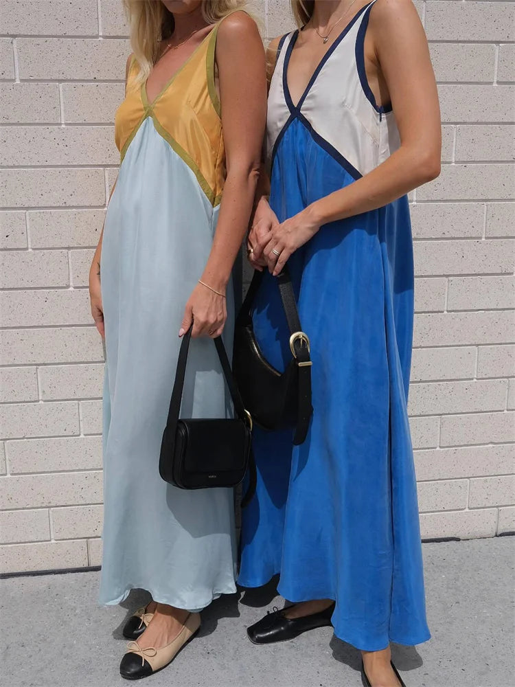 Patchwork V-neck Strapless Maxi Dress – Sleeveless Spring Party Dress