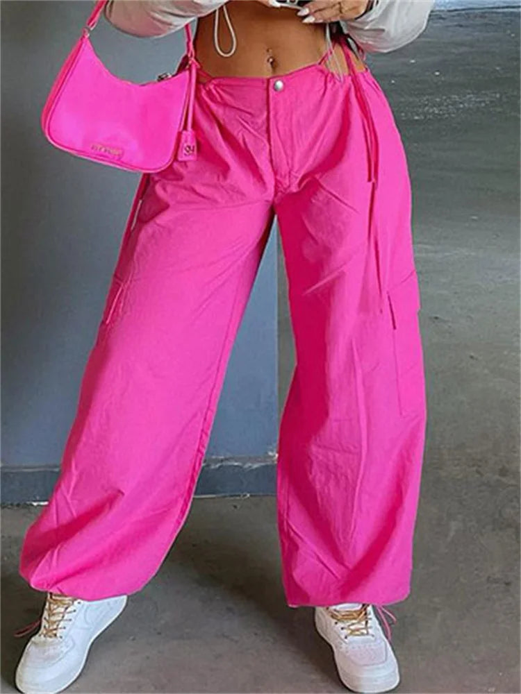 Pink Lace-up Cargo Pants for Wide Leg Baggy High Street Pocket Trousers Hollow Out Designer Trousers