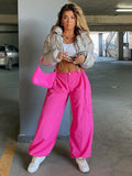 Pink Lace-up Cargo Pants for Wide Leg Baggy High Street Pocket Trousers Hollow Out Designer Trousers