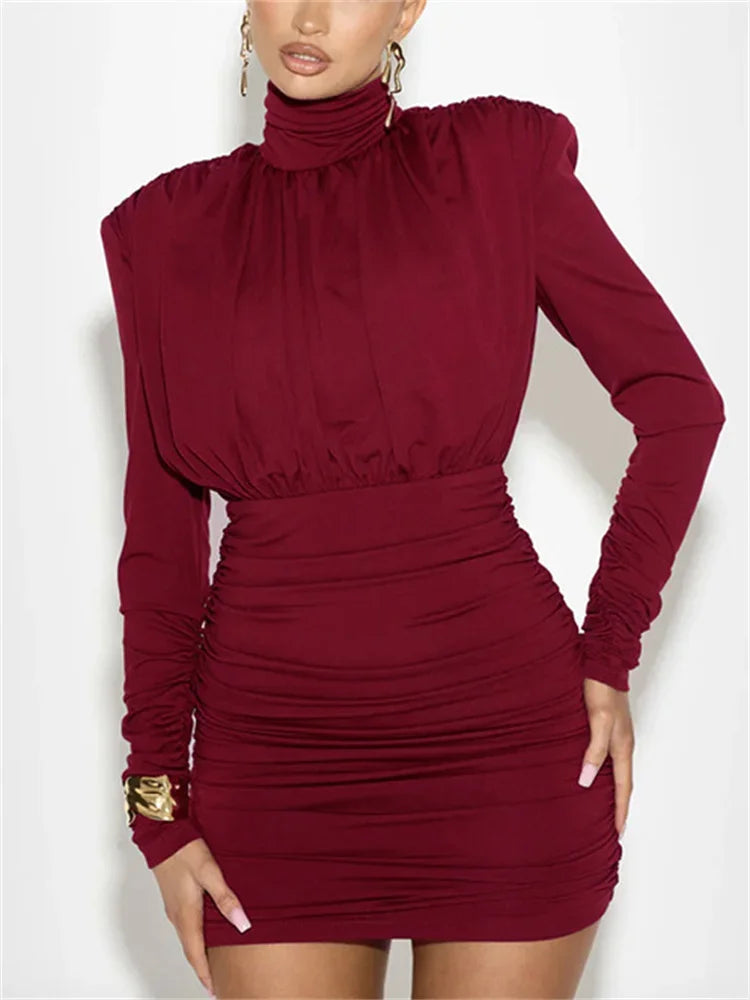 Pleated High Waist Slim Mini Dress Female Long Sleeve Patchwork Commute Dress Autumn Dress