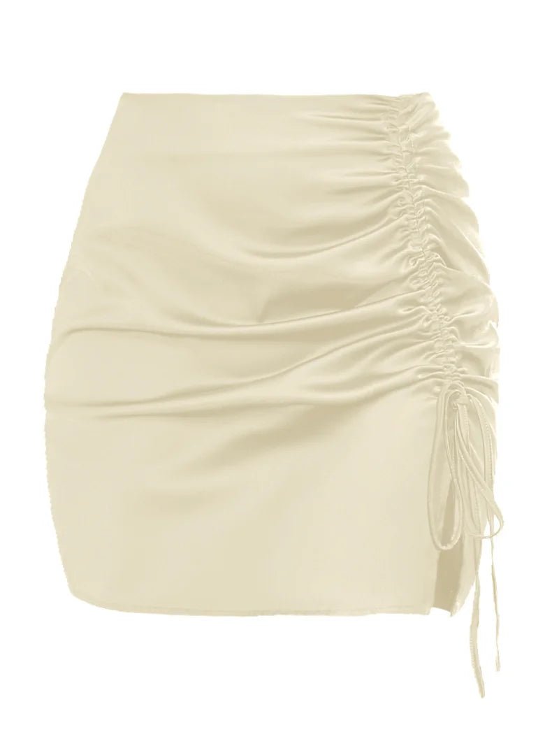 Pleated Lace-up Satin Mini Skirt Side Split for Skirt High Waist Zipper Outfit Skirt