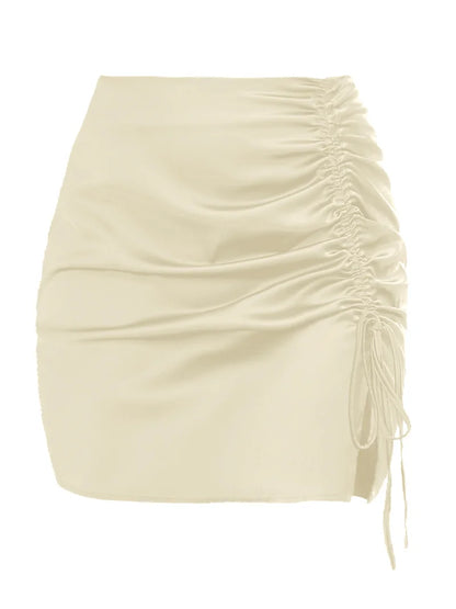 Pleated Lace-up Satin Mini Skirt Side Split for Skirt High Waist Zipper Outfit Skirt