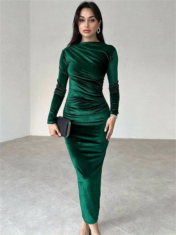 Pleated Slim Maxi Dress for High Waist Long Sleeve Patchwork Party Dress Long Dress New