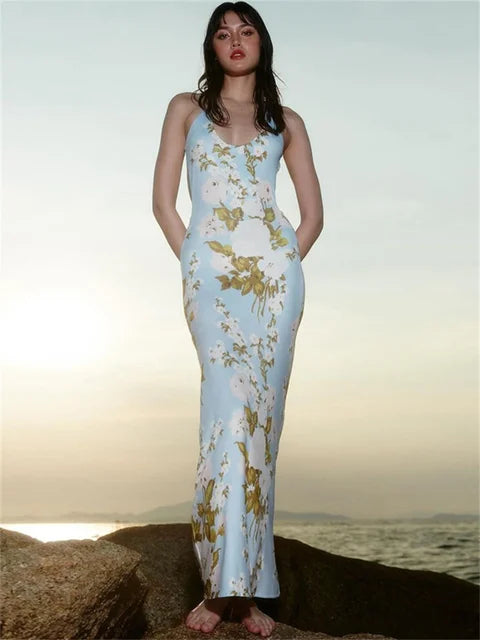 Printed Backless Dress for Bandage Summer Slim Party Dress Gown Lace-up Maxi Dress