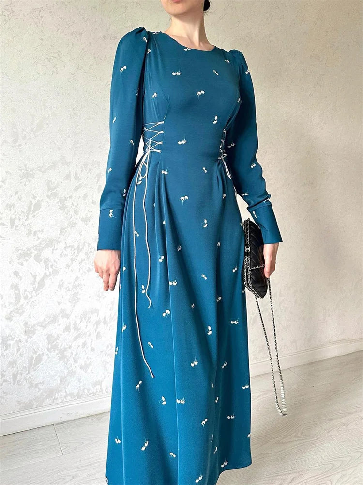 Printed Bandage Maxi Dress for Slim Patchwork Lace-up Long Sleeve Dress Female Contrast Long Dress