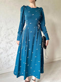 Printed Bandage Maxi Dress for Slim Patchwork Lace-up Long Sleeve Dress Female Contrast Long Dress