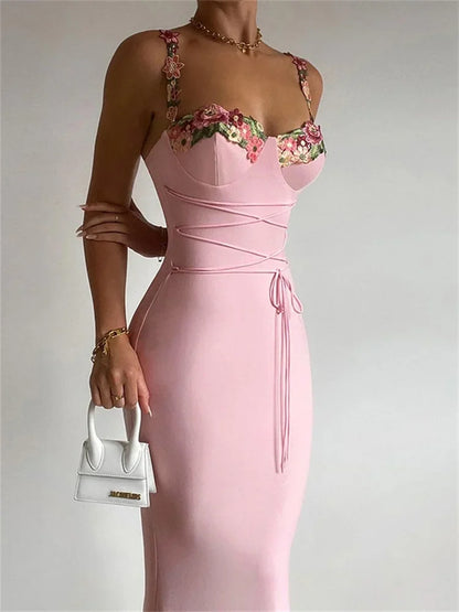 Printed Bandage Long Dress Female Slim Sleeveless High Waist Spaghetti Dress Patchwork Party Dress