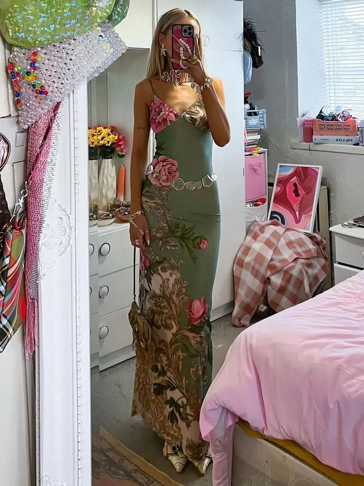 Printed Slim Long Dress Party Holiday Dress Off-shoulder Spaghetti Outfits for Mixi Dress New