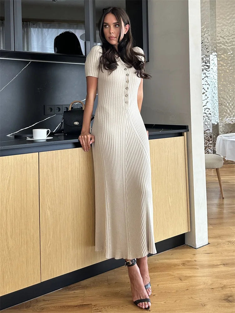 Ribbed High Waist Slim Maxi Dress for Knitwear Lapel Party Dress Gown Short Sleeve Knit Dress
