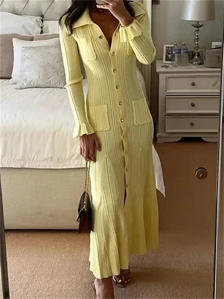 Ribbed Ruffled Knit Long Dress Female Pocket Cardigan Sweater Long Sleeve Party Dress ’s Knitwear Maxi Dress