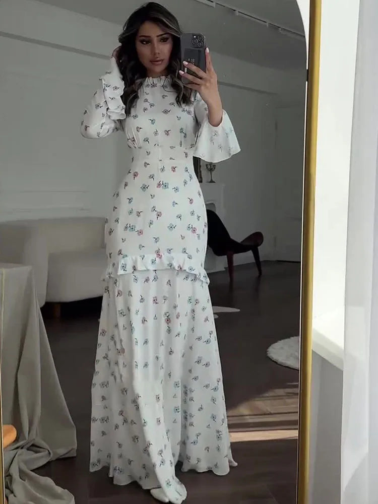 Ruffle Printed Long Sleeve Long Dress ’s Contrast Color Slim Fit Lace Waist Summer Long Dress