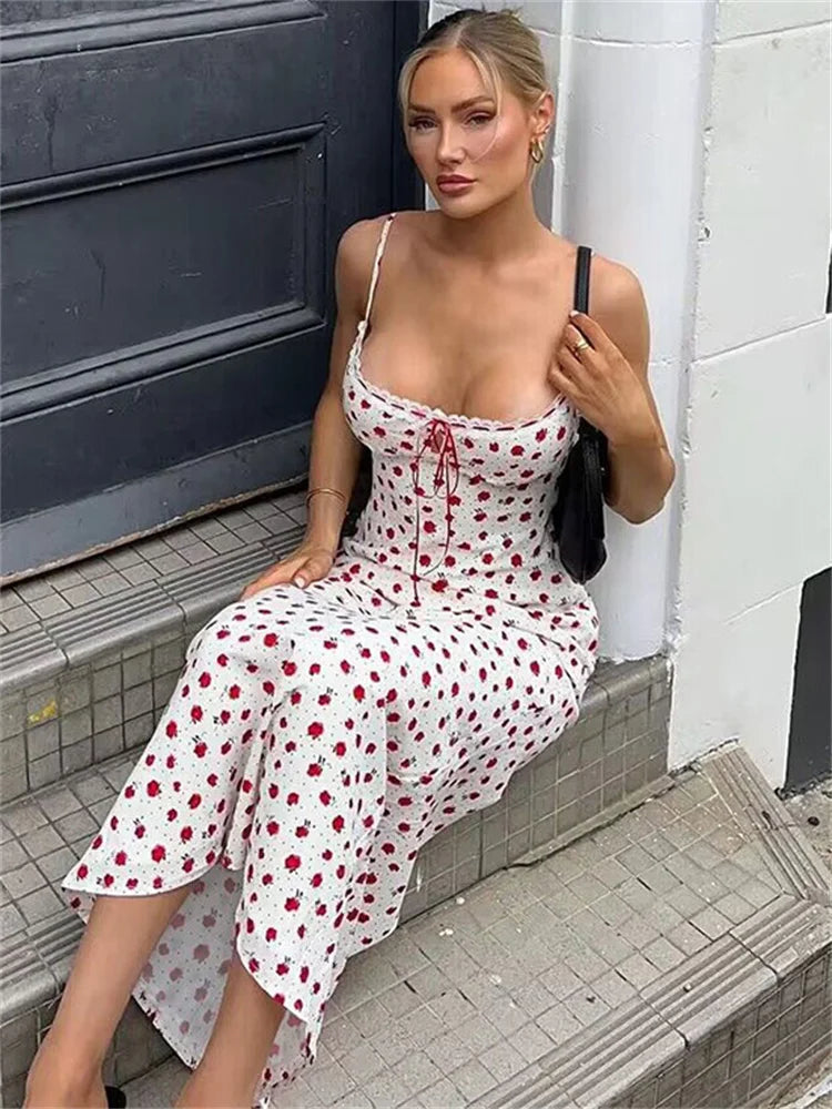 Ruffled Backless Halter Dresses Female Lace High Waist Spaghetti Patchwork Party Dress Summer Maxi Dress New