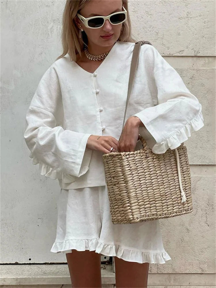 Ruffled Outfits for High Waist Long Sleeve Shorts Two Piece Knee Length Baggy Female Nightwear Outfits