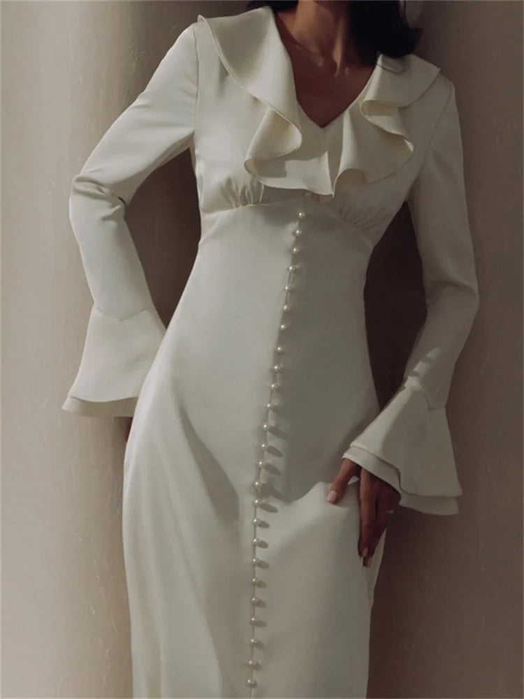 Ruffled for Long Dress V-neck Patchwork Long Sleeve Slim Party Dress Gown White Spring Maxi Dress