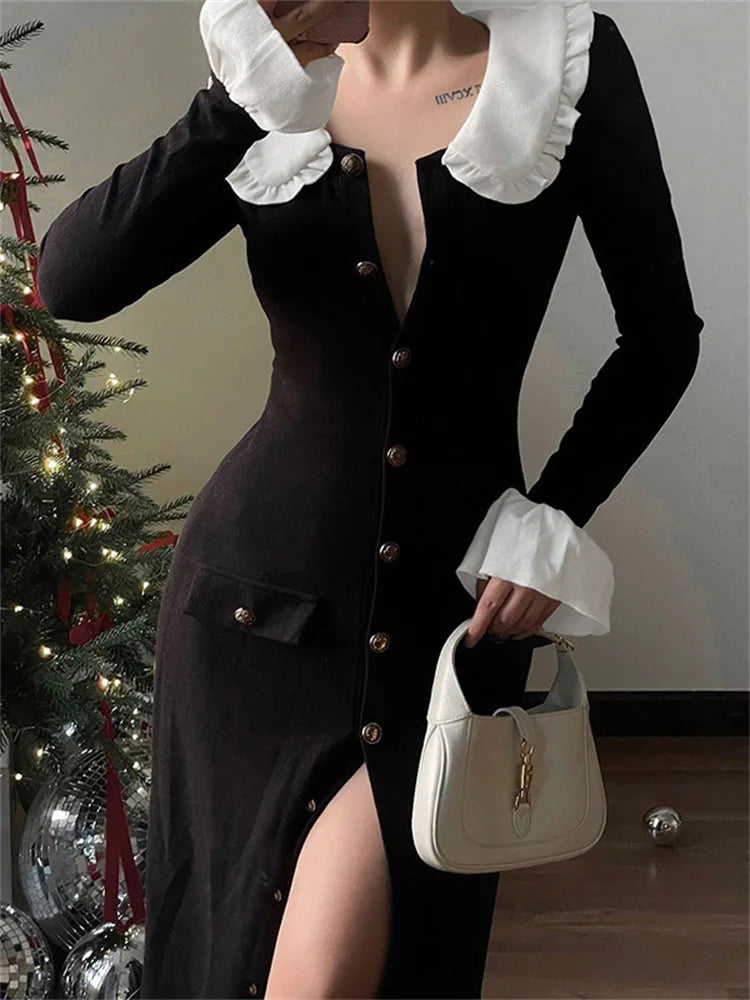 Ruffled Knit Long Dress High Waist Pocket Slim Lapel Patchwork Party Dress Female Autumn Maxi Dress