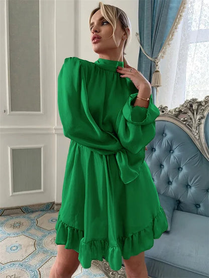 Ruffled Lace-up Slim Mini Dress Long Sleeve Patchwork Dress