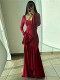 Ruffled Square Collar Maxi Dress for Bandage Slim See-through High Waist Party Dress Gown ’s Long Dress